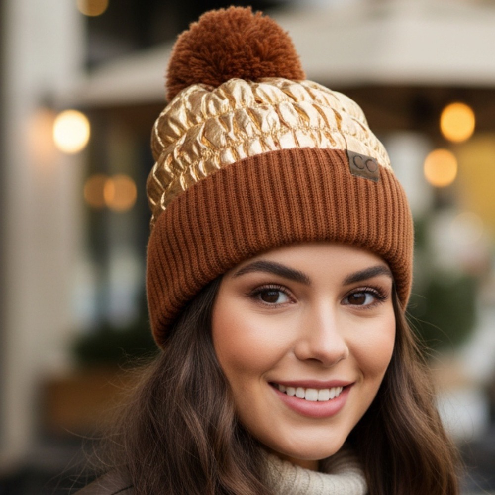 CC Beanie Womens‎ Rose Gold Metallic Puffer Knit Pom Pom Hat Ribbed Cuff NWT